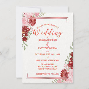 Burgundy & Rose on White Elegant Floral Wedding Invitation