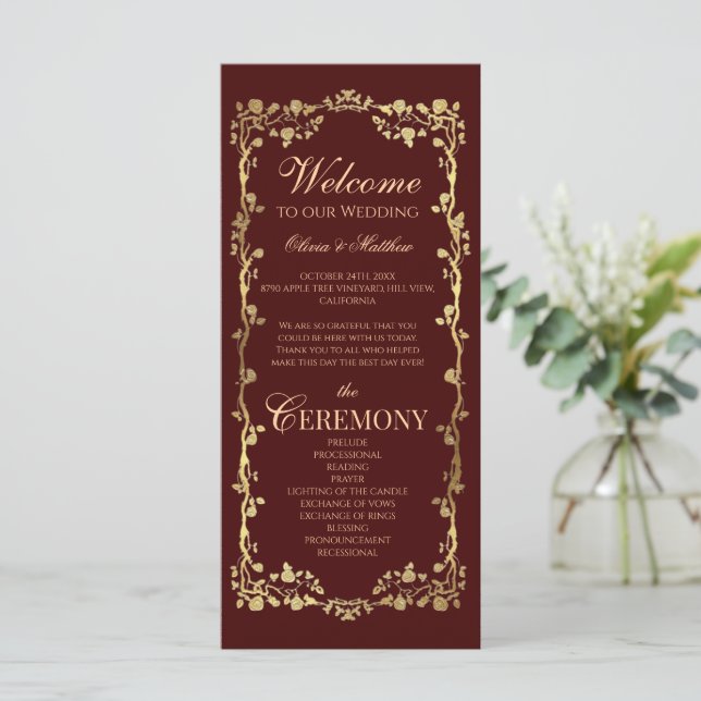 Burgundy Rose Ornate Elegant Programs Wedding  Programme (Standing Front)