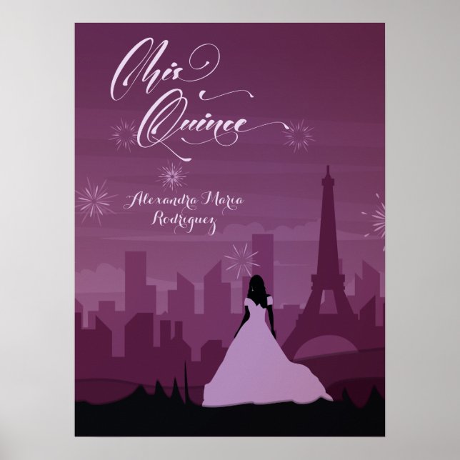 Burgundy Rose Paris Fireworks Quinceañera Poster (Front)