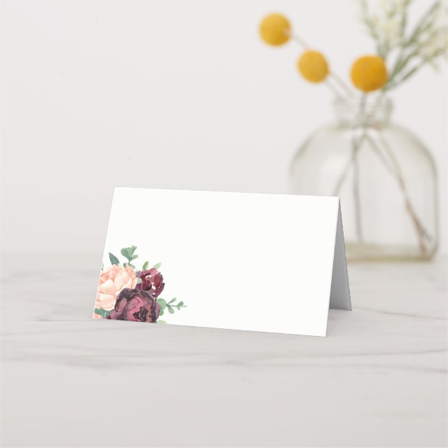 Burgundy Rose Peach Peony Floral Place Card (Front)