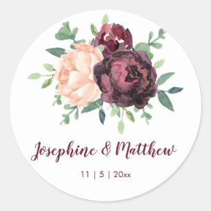 Burgundy Rose Peach Peony Floral Wedding Classic Round Sticker