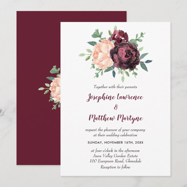 Burgundy Rose Peach Peony Floral Wedding Invitation (Front/Back)