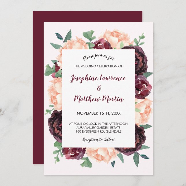 Burgundy Rose Peach Peony Floral Wedding Invitation (Front/Back)