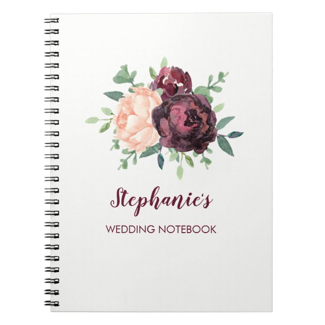 Burgundy Rose Peach Peony Personalised Wedding Notebook (Front)