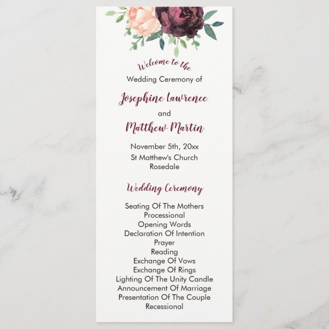 Burgundy Rose Peach Peony Wedding Programs Programme (Front)