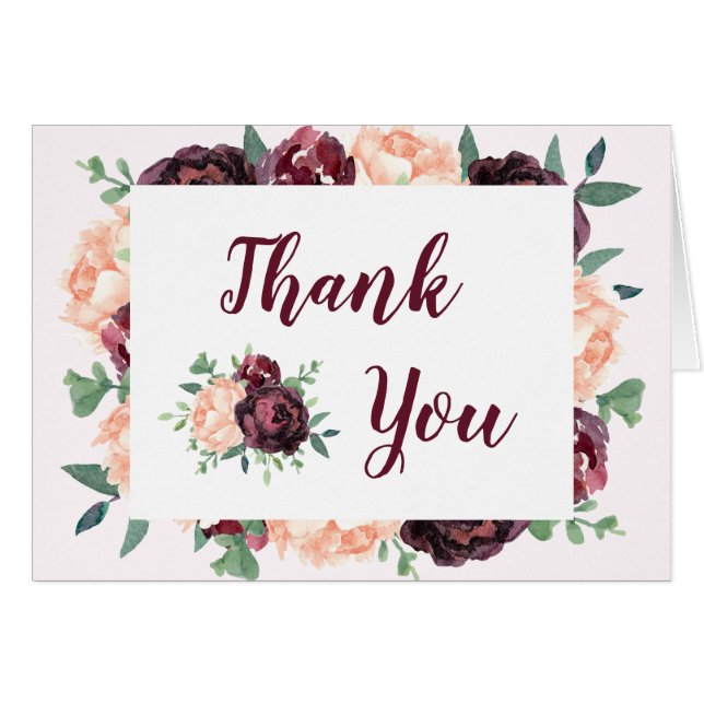 Burgundy Rose Peach Peony Wedding Thank You Card (Front Horizontal)