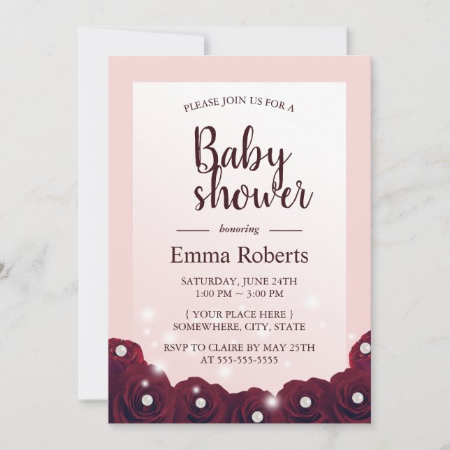 Burgundy Rose Pearl Floral Blush Pink Baby Shower Invitation (Front)
