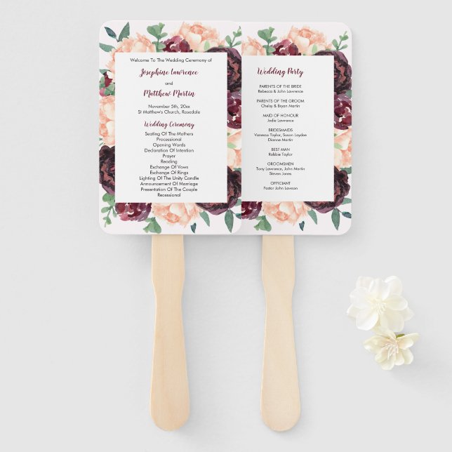 Burgundy Rose Peony Wedding Ceremony Programs Hand Fan (Front and Back)