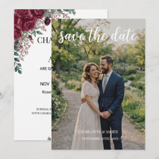 Burgundy Rose Photo Save the Date Card White
