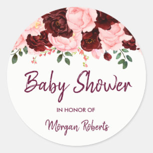 Burgundy Rose & Pink Blush floral Baby Shower Classic Round Sticker