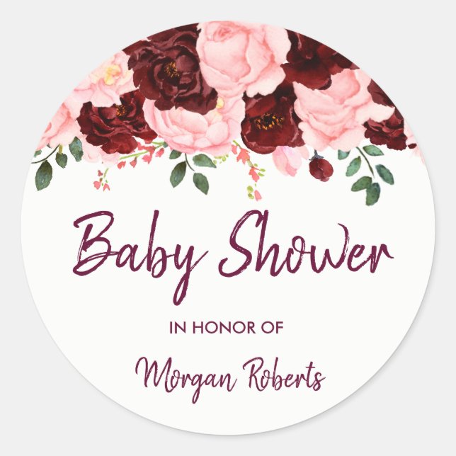 Burgundy Rose & Pink Blush floral Baby Shower Classic Round Sticker (Front)
