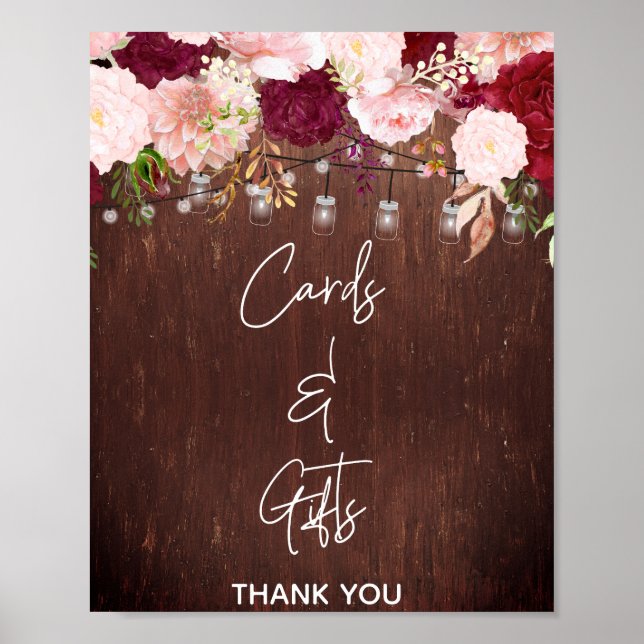 Burgundy Rose Pink Floral Mason Jar Cards Gifts Poster (Front)