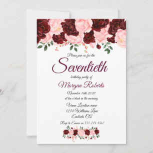 Burgundy Rose Pink Floral Seventieth 70th Birthday Invitation