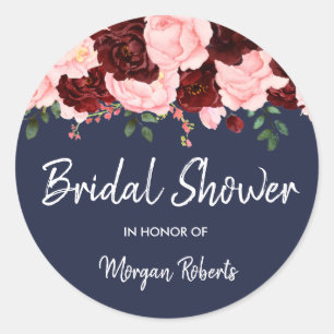 Burgundy Rose & Pink Navy Blue Bridal Shower Classic Round Sticker