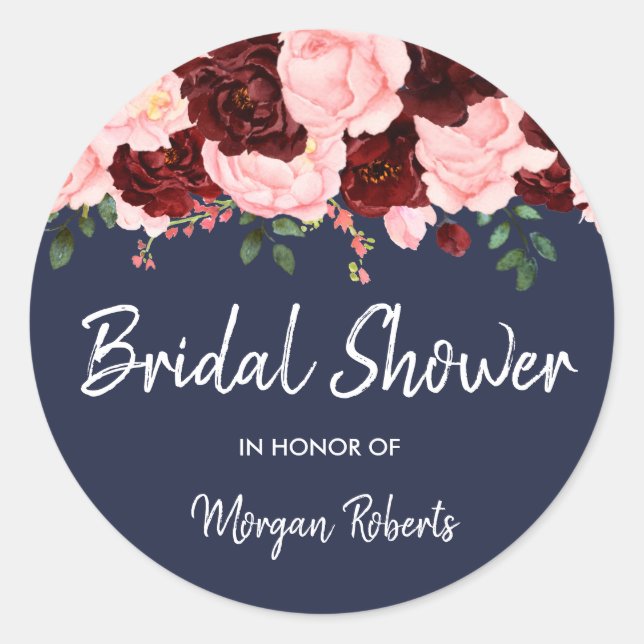 Burgundy Rose & Pink Navy Blue Bridal Shower Classic Round Sticker (Front)