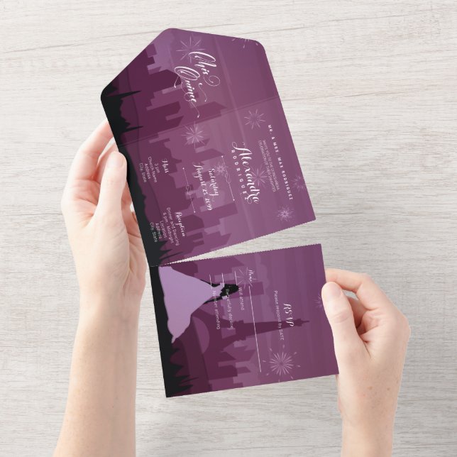 Burgundy Rose Pink Paris Fireworks Quinceañera All In One Invitation (Tearaway)