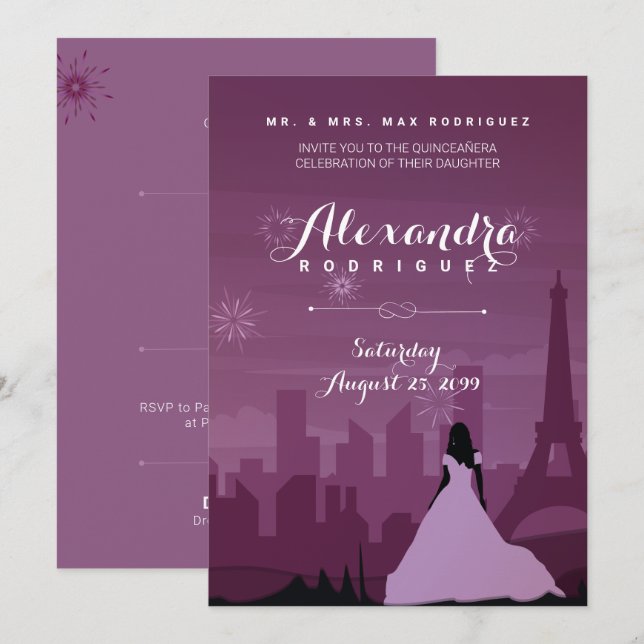Burgundy Rose Pink Paris Fireworks Quinceañera Invitation (Front/Back)
