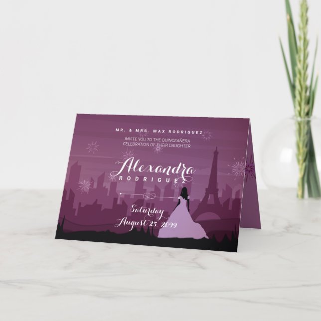 Burgundy Rose Pink Paris Fireworks Quinceañera Invitation (Front)