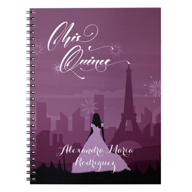 Burgundy Rose Pink Paris Fireworks Quinceañera Notebook (Front)