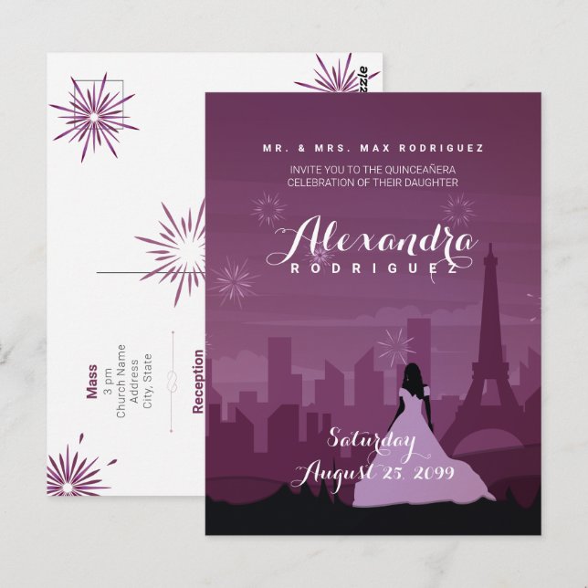 Burgundy Rose Pink Paris Fireworks Quinceañera Postcard (Front/Back)