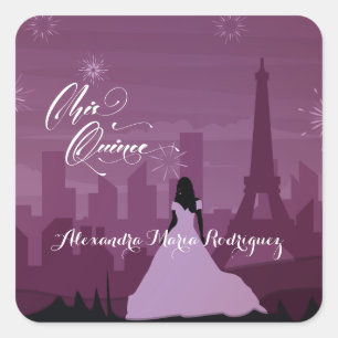 Burgundy Rose Pink Paris Fireworks Quinceañera Square Sticker