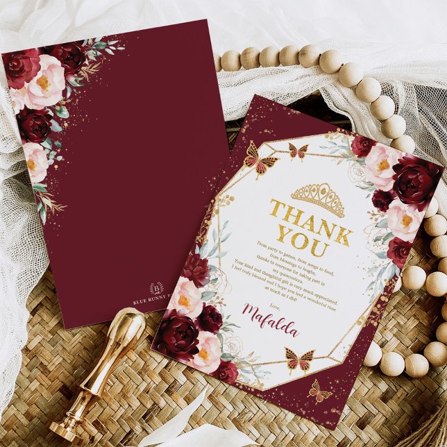 Burgundy Rose Quinceañera Butterfly Thank You Card (Creator Uploaded)