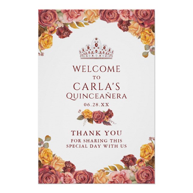 Burgundy Rose Quinceanera Welcome Sign (Front)