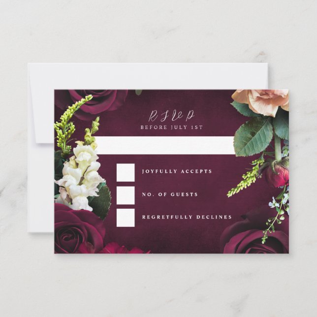 Burgundy Rose Ranunculus Wedding Landscape RSVP Card (Front)