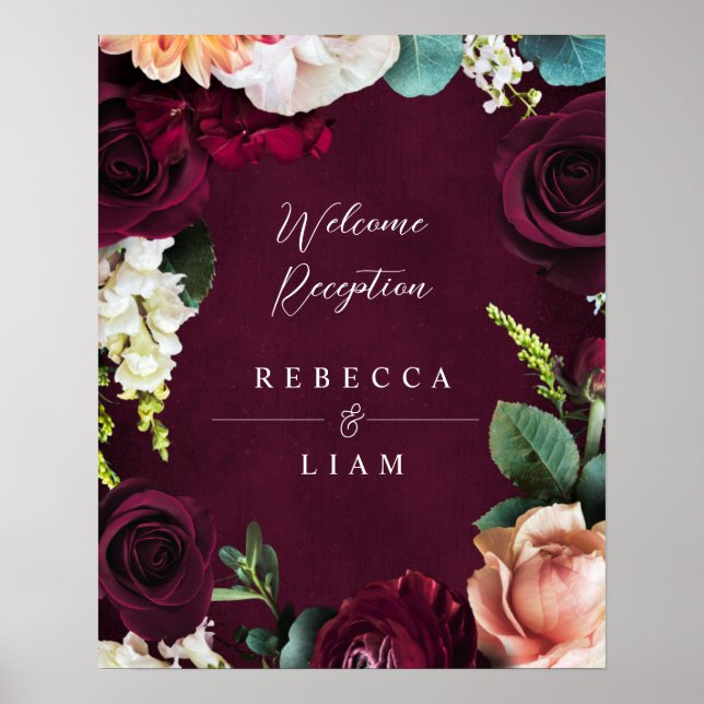 Burgundy Rose Ranunculus Wedding Welcome Poster (Front)