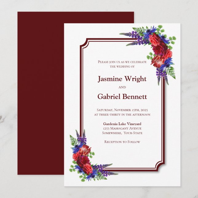 Burgundy Rose Red Border Wedding Invitation (Front/Back)