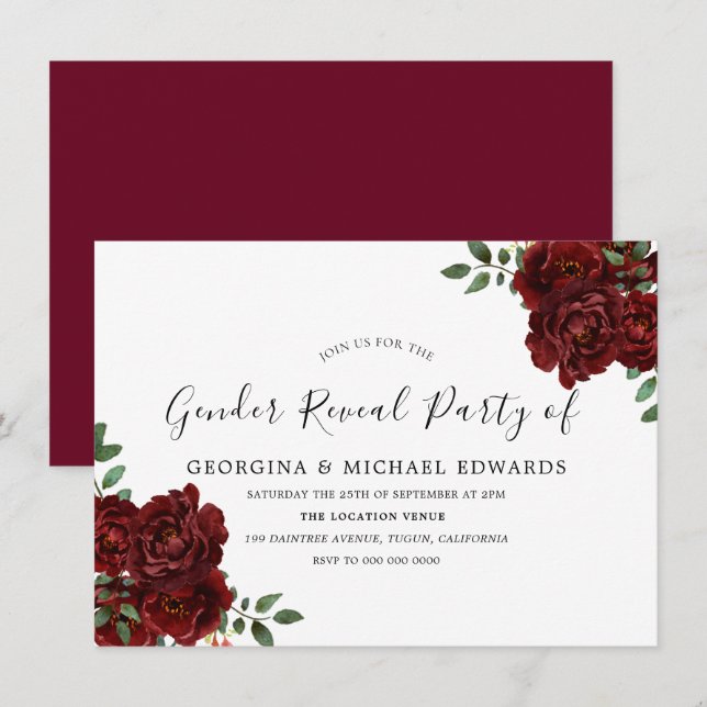 Burgundy Rose Romantic Gender Reveal Party Invitation (Front/Back)