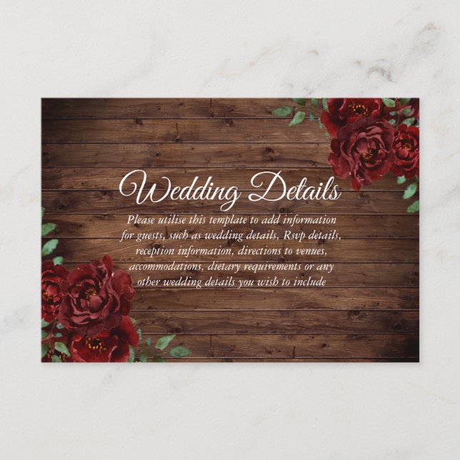 Burgundy Rose Romantic Rustic Wedding Reception Enclosure Card (Front)