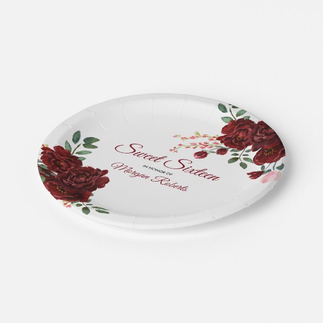 Burgundy Rose Romantic Sweet 16 Birthday Party Paper Plate (Angled)