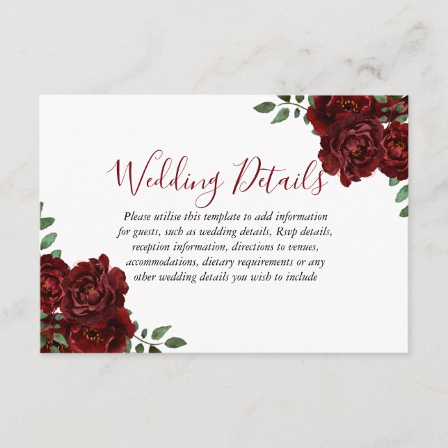 Burgundy Rose Romantic Wedding Reception details Enclosure Card (Front)