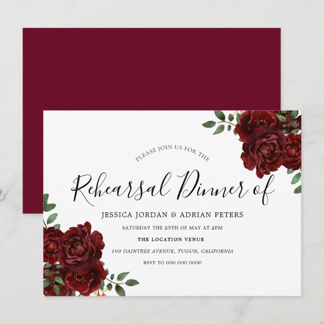 Burgundy Rose Romantic Wedding Rehearsal Dinner Invitation (Front/Back)