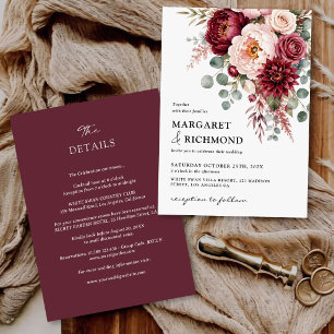 Burgundy & Rose Rustic Floral All-In-One Wedding Invitation
