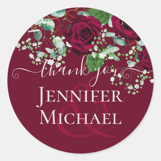 Burgundy Rose Sage Eucalyptus Wedding Classic Round Sticker (Front)