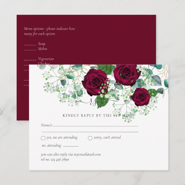 Burgundy Rose Sage Eucalyptus Wedding RSVP Postcard (Front/Back)