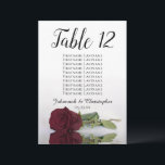 Burgundy Rose Seating Chart Wedding Table Number<br><div class="desc">These beautiful table number cards will make it easy for your guests to find their seats at your wedding reception. They feature a simple yet elegant design with script calligraphy lettering and a single long-stemmed burgundy, maroon, or wine red coloured rose lying on its side reflecting in water. The card...</div>