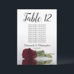 Burgundy Rose Seating Chart Wedding Table Number<br><div class="desc">These beautiful table number cards will make it easy for your guests to find their seats at your wedding reception. They feature a simple yet elegant design with script calligraphy lettering and a single long-stemmed burgundy, maroon, or wine red coloured rose lying on its side reflecting in water. The card...</div>