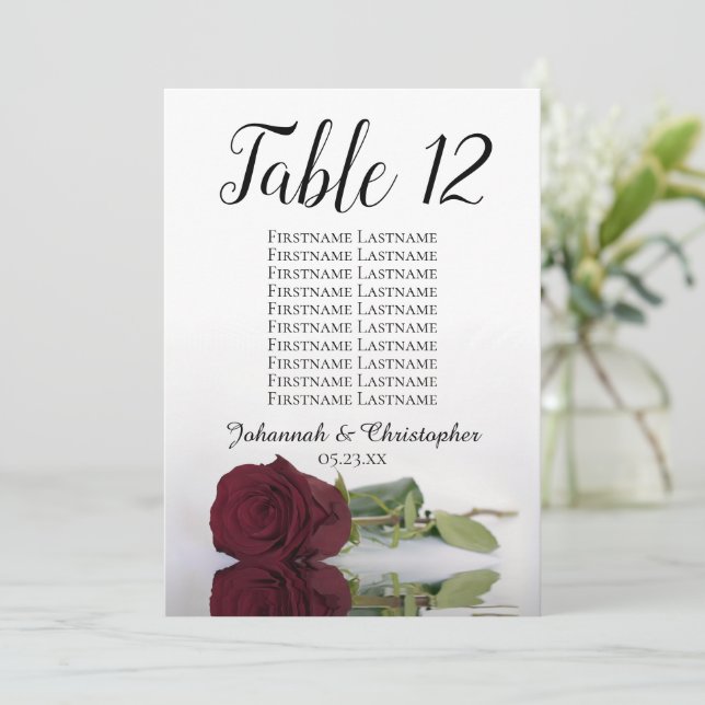Burgundy Rose Seating Chart Wedding Table Number (Standing Front)