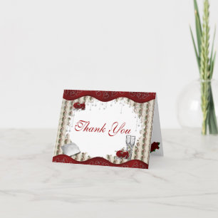 Burgundy Rose Silver Heart Thank You Card