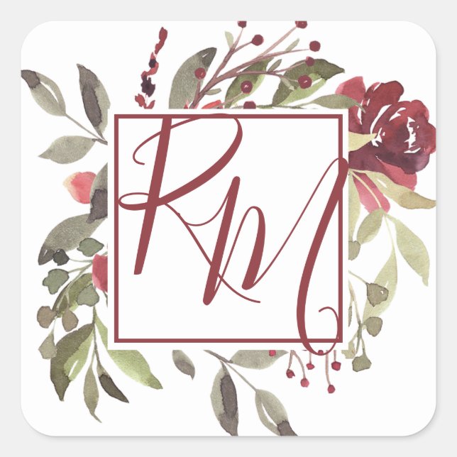 Burgundy Rose Square Monogram Watercolor Sticker (Front)