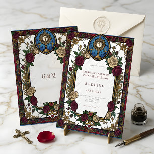Burgundy Rose Stained Glass Catholic Wedding Invitation