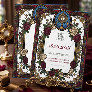 Burgundy Rose Stained Glass Catholic Wedding Save The Date