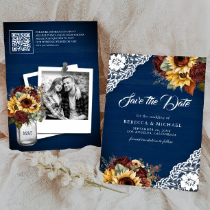 Burgundy Rose Sunflower Navy QR Code Wedding Photo Save The Date