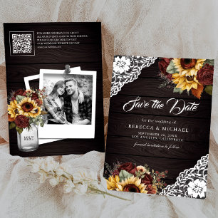 Burgundy Rose Sunflower Wood QR Code Wedding Photo Save The Date