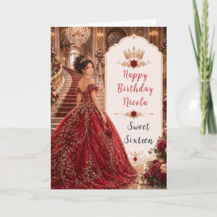 Burgundy Rose Sweet 16 Princess Gold Crown Card
