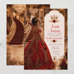 Burgundy Rose Sweet 16 Princess Gold Crown Invitation