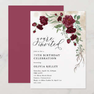 Burgundy Rose Vine, Floral Birthday Party Invitation